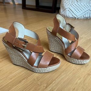 Michael Kors Brown Leather Espadrille Wedge Sandal